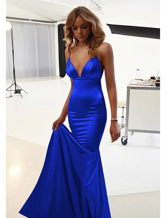 wholesale  Mermaid / Trumpet Wedding Guest Dresses Sexy Dress Prom Floor Length Sleeveless Spaghetti Strap Cotton Backless with Ruched