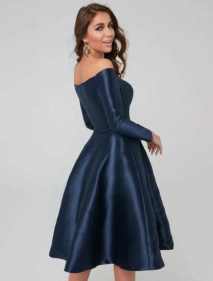 Wholesa  A-Line Special Occasion Dresses Party Dress Wedding Guest Cocktail Party Knee Length Long Sleeve Off Shoulder Satin with Pleats