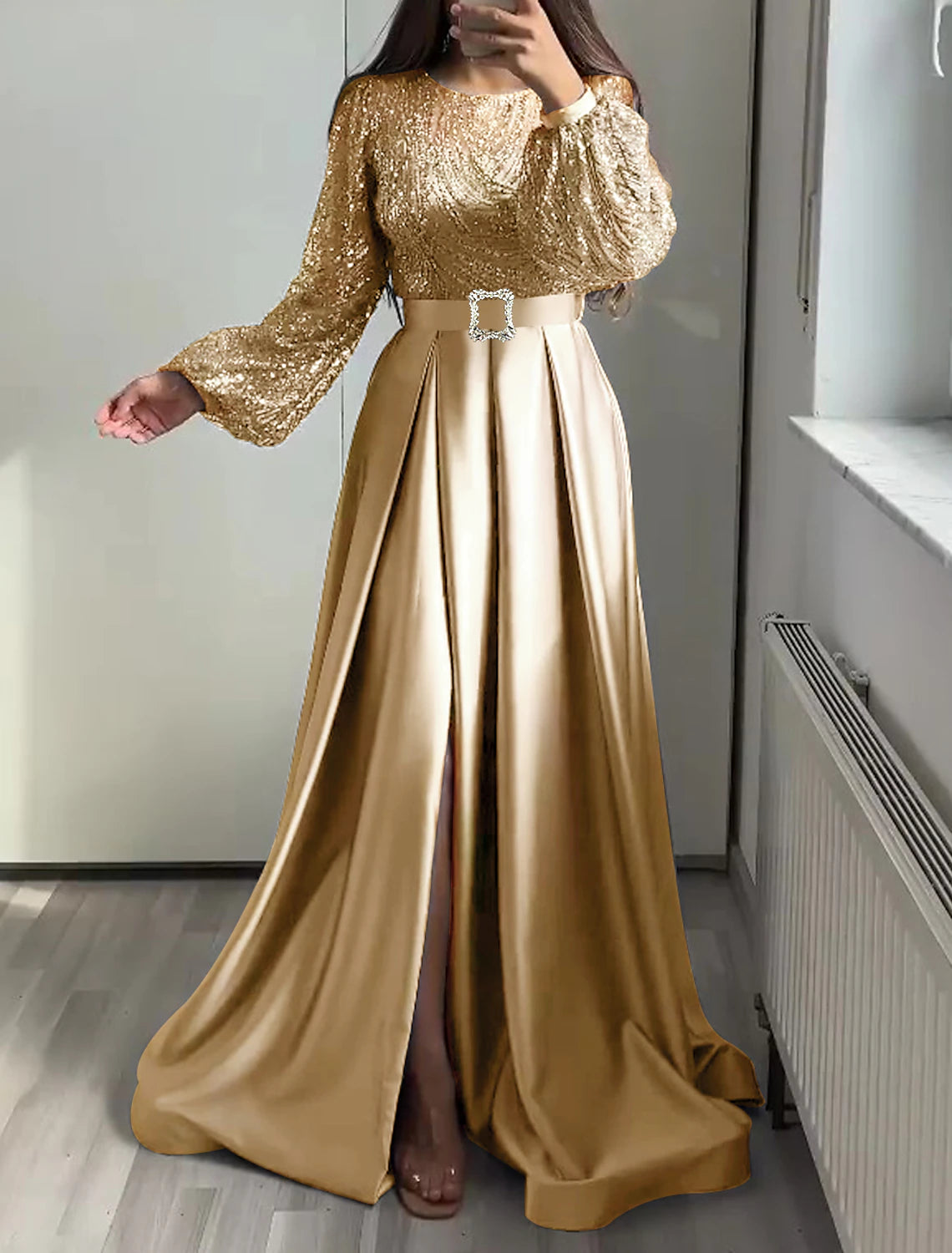 Wholesa A-Line Evening Gown Elegant Dress Wedding Black Tie Floor Length Long Sleeve Jewel Neck Fall Wedding Guest Satin with Sequin