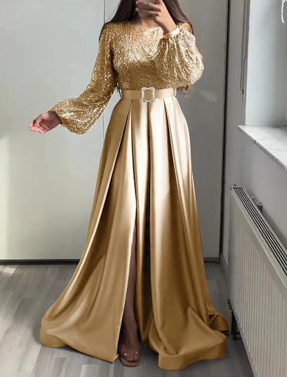 Wholesa A-Line Evening Gown Elegant Dress Wedding Black Tie Floor Length Long Sleeve Jewel Neck Fall Wedding Guest Satin with Sequin