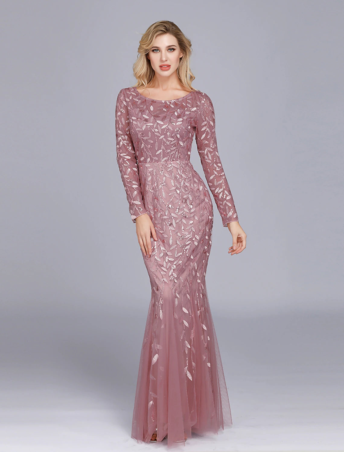 Wholesa Mermaid / Trumpet Empire Elegant Party Wear Formal Evening Valentine's Day Dress Jewel Neck Long Sleeve Floor Length Tulle with Embroidery / Illusion Sleeve