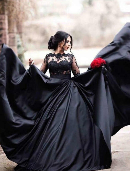 Wholesale Engagement Gothic Black Wedding Dresses Formal A-Line Illusion Neck Long Sleeve Floor Length Satin Bridal Gowns With Draping Appliques 2023 Summer Fall Halloween Wedding Party