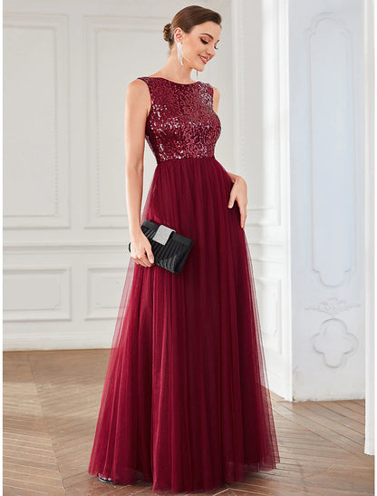 Wholesale A-Line Party Dresses Elegant Dress Wedding Guest Floor Length Sleeveless Jewel Neck Tulle with Sequin