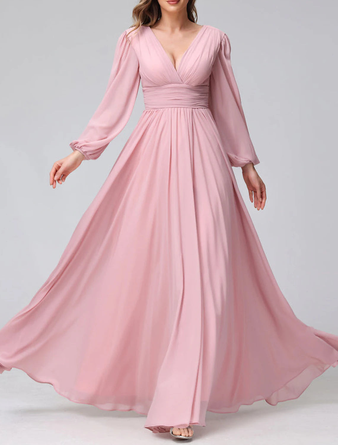 Wholesa A-Line Bridesmaid Dress V Neck Long Sleeve Pink Floor Length Chiffon with Split Front / Ruching