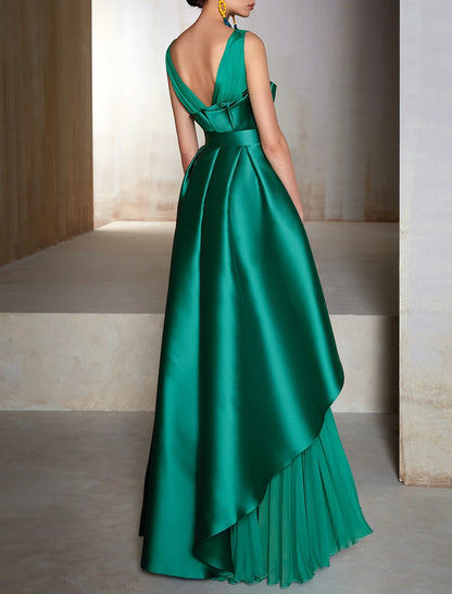 Wholesa A-Line Evening Gown Elegant Dress Formal Wedding Guest Floor Length Sleeveless V Neck Chiffon with Belt Ruffles