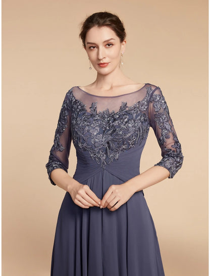 Wholesa  Sheath / Column Mother of the Bride Dress Wedding Guest Elegant Vintage Scoop Neck Ankle Length Chiffon Lace Half Sleeve with Ruffles Ruching