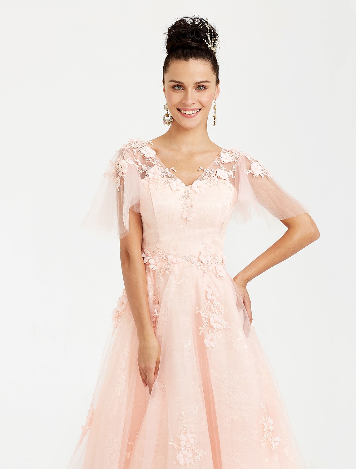 Wholesale A-Line Prom Dresses Elegant Dress Wedding Guest Tea Length Short Sleeve V Neck Tulle with Appliques