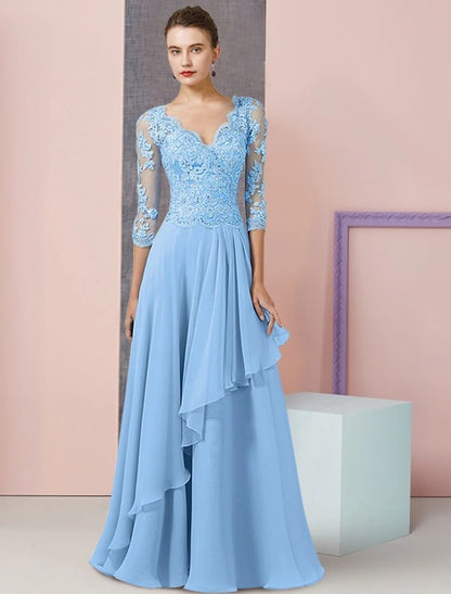 wholesale Two Piece A-Line Mother of the Bride Dress Formal Wedding Guest Party Elegant V Neck Floor Length Chiffon Lace Half Sleeve Wrap Included with Beading Sequin Appliques