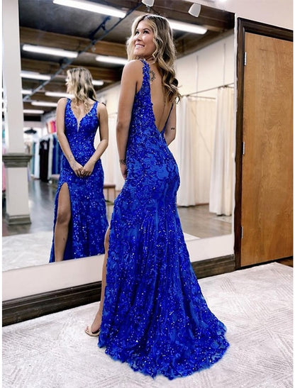 Wholesa Mermaid / Trumpet Prom Dresses Sparkle & Shine Dress Formal Wedding Party Sweep / Brush Train Sleeveless V Neck Sequined Backless with Sequin