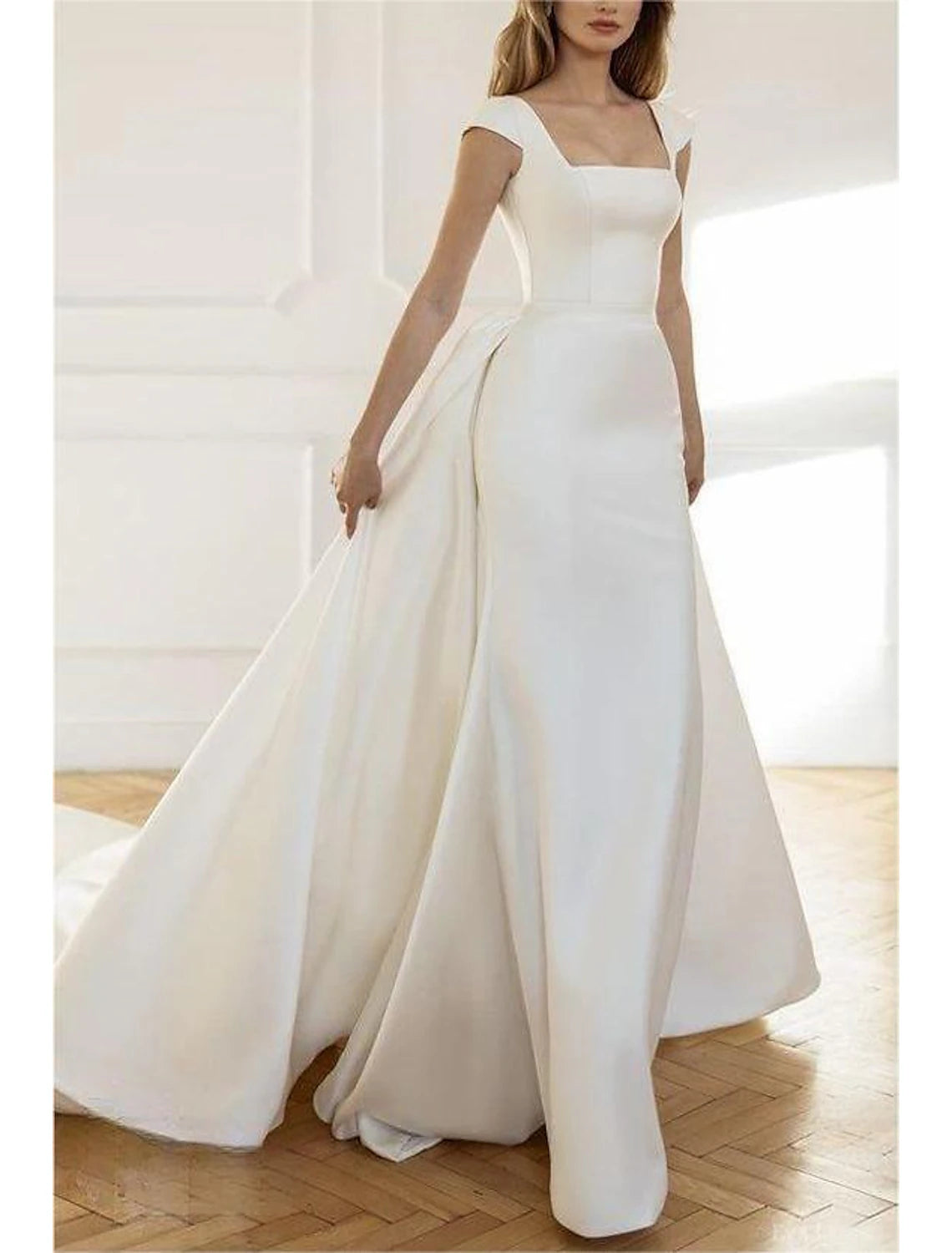 Wholesa Beach Casual Formal Wedding Dresses Mermaid / Trumpet Square Neck Regular Straps Sweep / Brush Train Taffeta OverSkirts Bridal Gowns With Solid Color