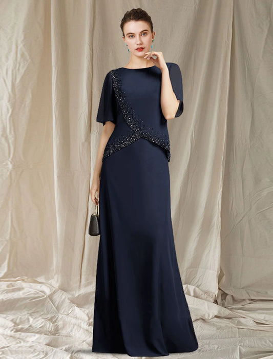 wholesale A-Line Mother of the Bride Dress Elegant Jewel Neck Floor Length Chiffon Short Sleeve with Crystals