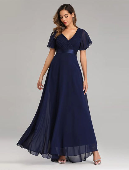 Wholesale A-Line Prom Dresses Maxi Dress Fall Wedding Guest Dress For Bridesmaid Floor Length Short Sleeve V Neck Chiffon V Back with Ruched Ruffles