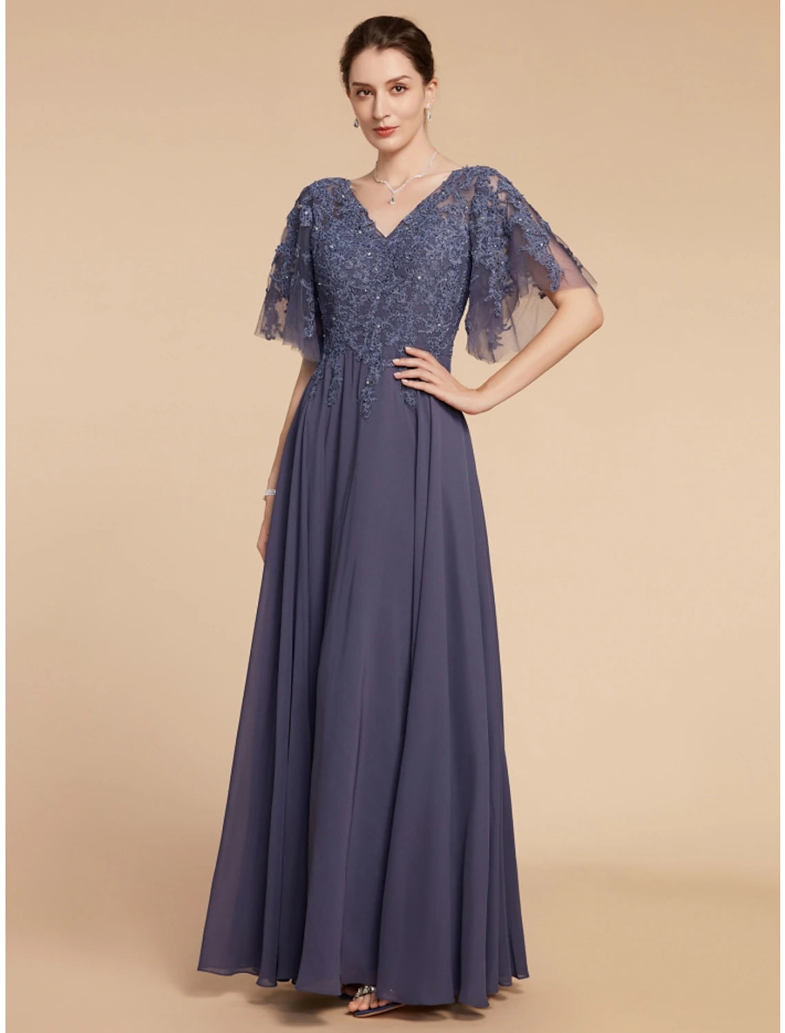 Wholesa  A-Line Mother of the Bride Dress Wedding Guest Elegant V Neck Floor Length Chiffon Lace Short Sleeve with Sequin Ruching Solid Color