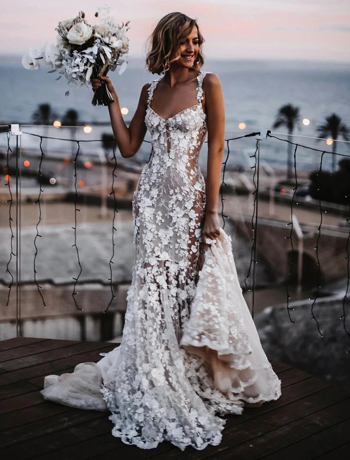 Wholesale Beach Sexy Boho Wedding Dresses Mermaid / Trumpet Sweetheart Regular Straps Court Train Lace Bridal Gowns With Appliques Summer Fall Wedding Party