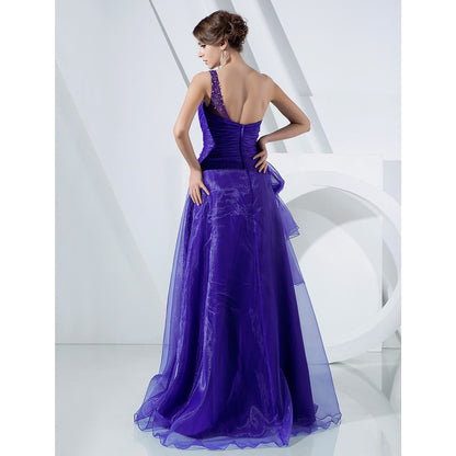 Wholesa A-Line Elegant Dress Formal Evening Military Ball Floor Length Sleeveless One Shoulder Organza with Side Draping Cascading Ruffles