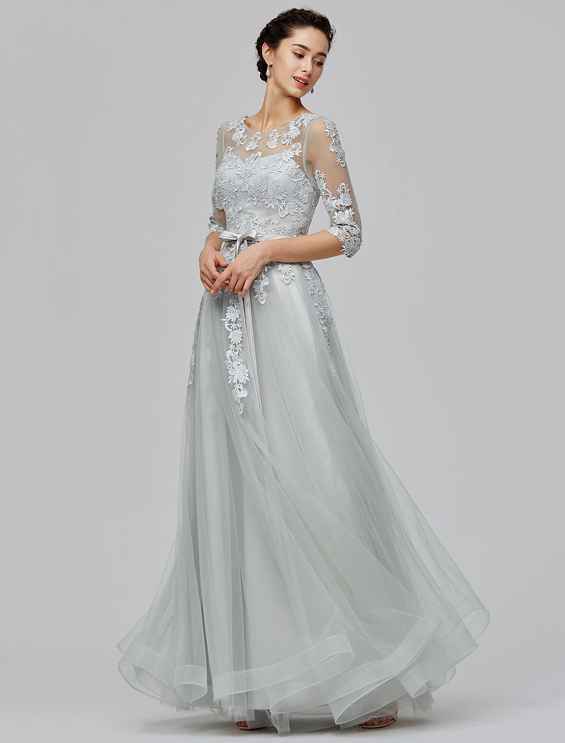 Wholesa A-Line Empire Dress Wedding Guest Prom Floor Length Half Sleeve Illusion Neck Tulle with Bow(s) Appliques