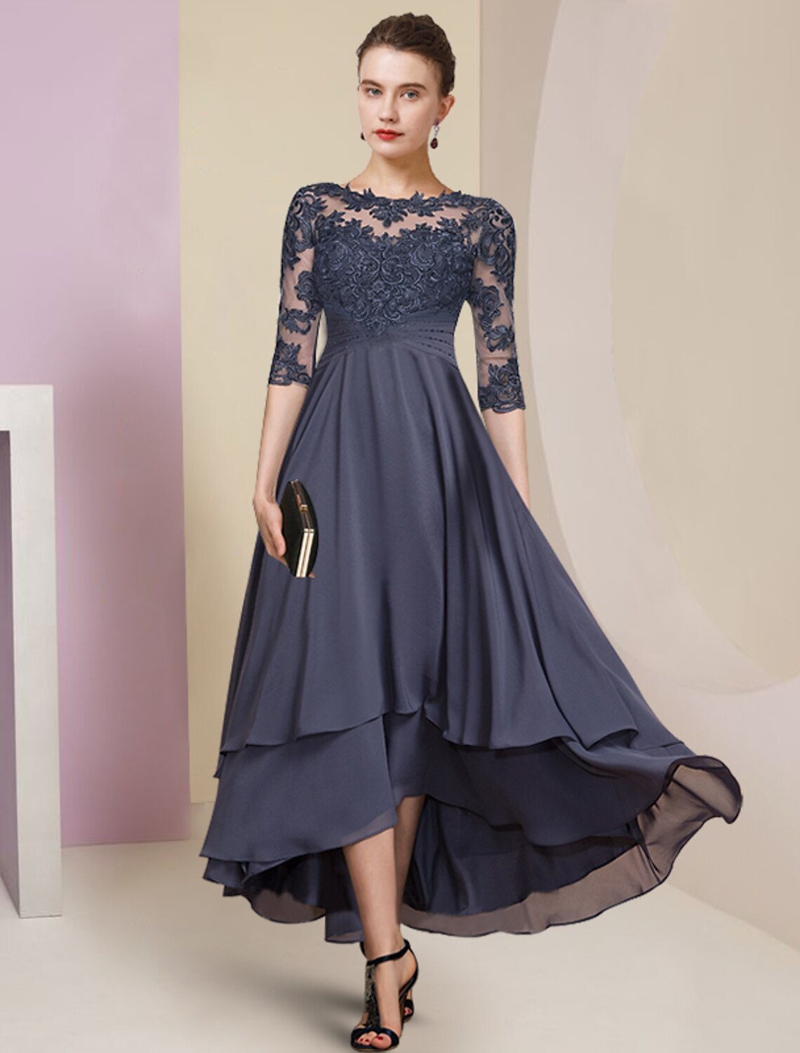 Wholesa Sheath / Column Mother of the Bride Dress Wedding Guest Party Elegant High Low Jewel Neck Asymmetrical Chiffon Lace Half Sleeve with Pleats Solid Color