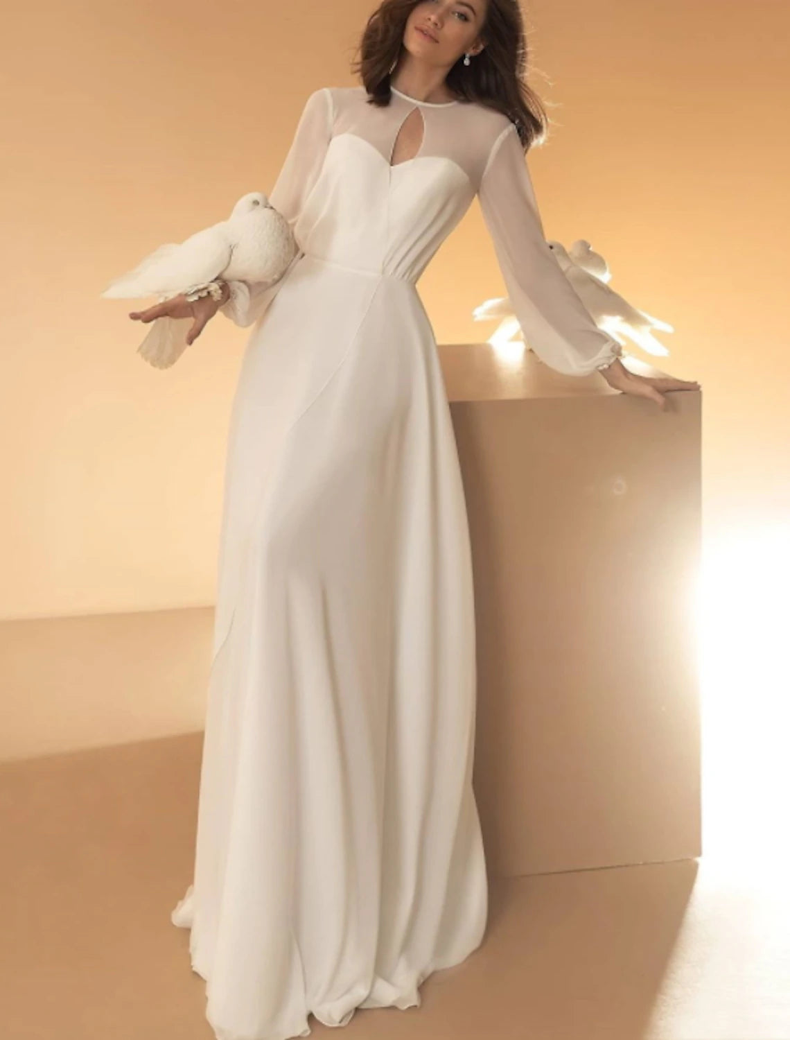 Wholesale Hall Casual Wedding Dresses A-Line Illusion Neck Long Sleeve Floor Length Chiffon Bridal Gowns With Summer Wedding Party