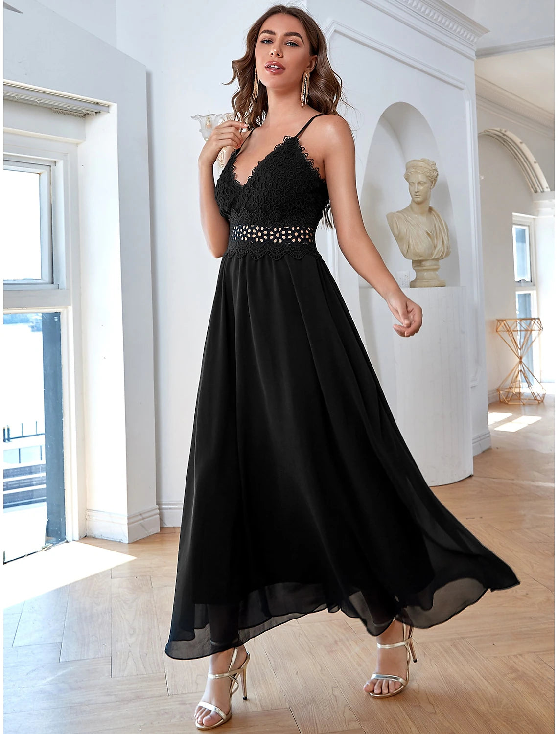 Wholesale A-Line Elegant Vintage Party Wear Formal Evening Dress V Neck Sleeveless Ankle Length Chiffon with Sequin Pure Color Splicing