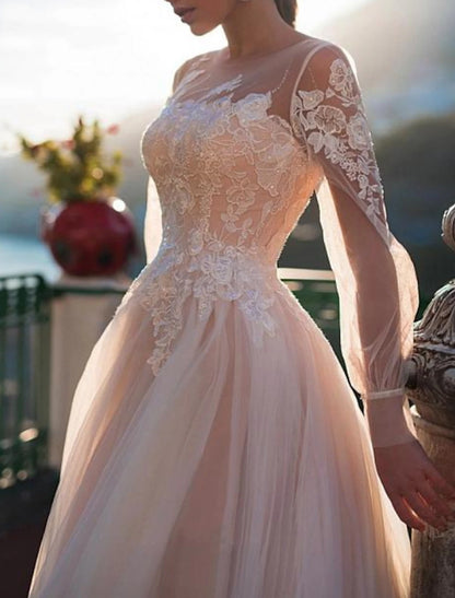 Wholesa Beach Fall Wedding Dresses in Color Fall Wedding Dresses A-Line Illusion Neck Long Sleeve Sweep / Brush Train Lace Bridal Gowns With Embroidery Appliques Summer Wedding Party, Women's Clothing