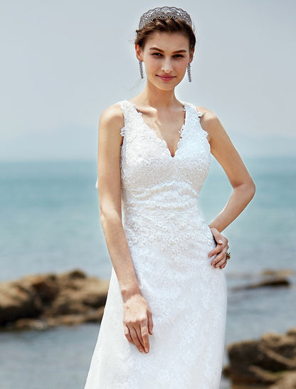 wholesale Wedding Dresses Sheath / Column V Neck Sleeveless Court Train Lace Bridal Gowns With Appliques Button