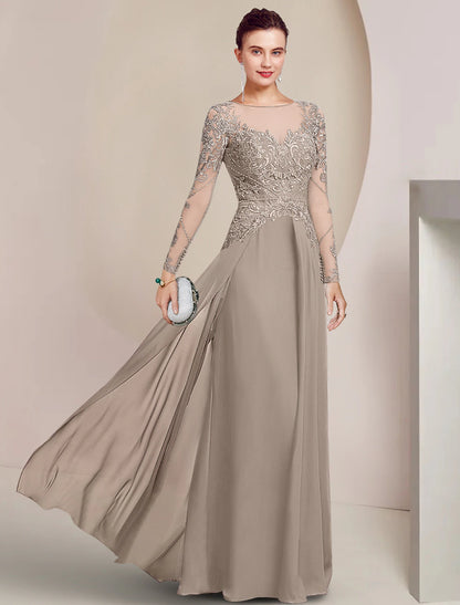 Wholesa  Sheath / Column Mother of the Bride Dress Formal Wedding Guest Elegant Scoop Neck Floor Length Chiffon Lace Long Sleeve with Beading Appliques