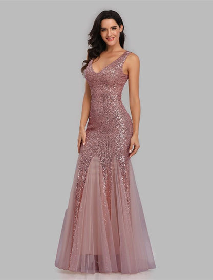 Wholesa  Mermaid / Trumpet Sparkle Sexy Party Wear Formal Evening Dress V Neck Sleeveless Floor Length Sequined with Sequin