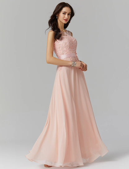 wholesale A-Line Evening Gown High Waisted Prom Dress Bridesmaid Wedding Guest Chiffon Floor Length Sleeveless Illusion Neck Georgette with Appliques