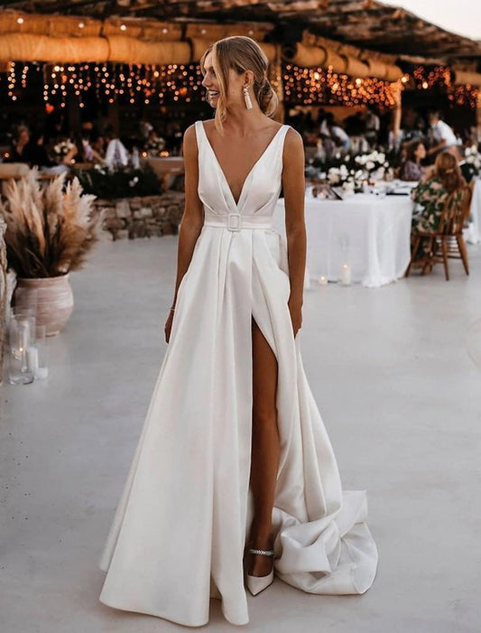 Wholesale Beach Casual Wedding Dresses A-Line V Neck Sleeveless Court Train Satin Bridal Gowns With Sashes / Ribbons Sash / Ribbon 2023 Summer Wedding Party