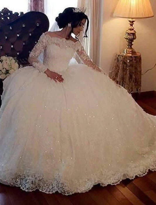 Wholesale Engagement Formal Fall Wedding Dresses Ball Gown Off Shoulder Long Sleeve Floor Length Lace Bridal Gowns With Beading Sequin 2023 Summer Wedding Party