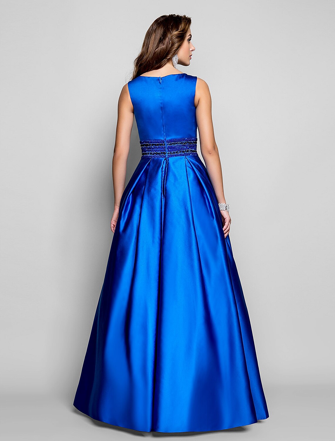 Wholesale A-Line Elegant Dress Wedding Guest Floor Length Sleeveless Boat Neck Pocket Satin with Pleats Beading