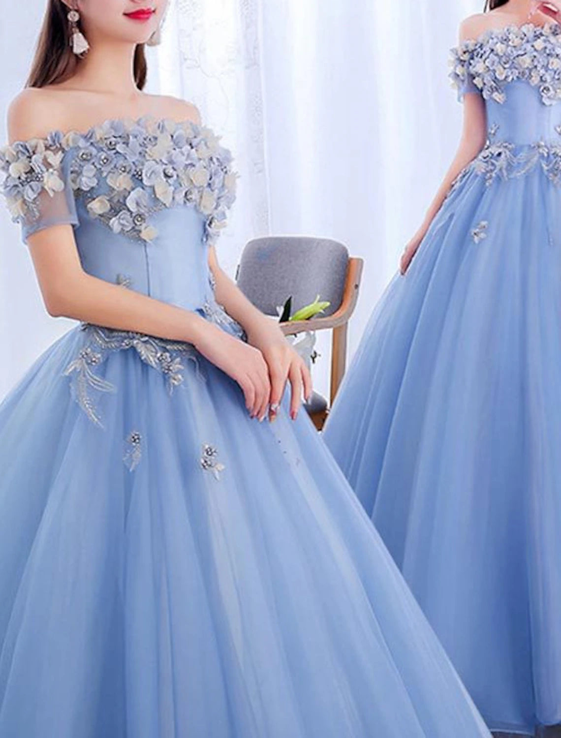 Wholesa Ball Gown Prom Dresses Floral Dress Quinceanera Prom Floor Length Short Sleeve Off Shoulder Polyester with Appliques Pure Color