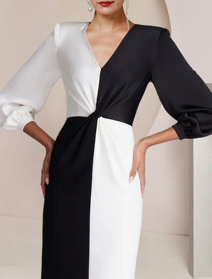 Wholesale Sheath / Column Mother of the Bride Dress Formal Wedding Guest Party Elegant V Neck Floor Length Stretch Satin 3/4 Length Sleeve with Color Block