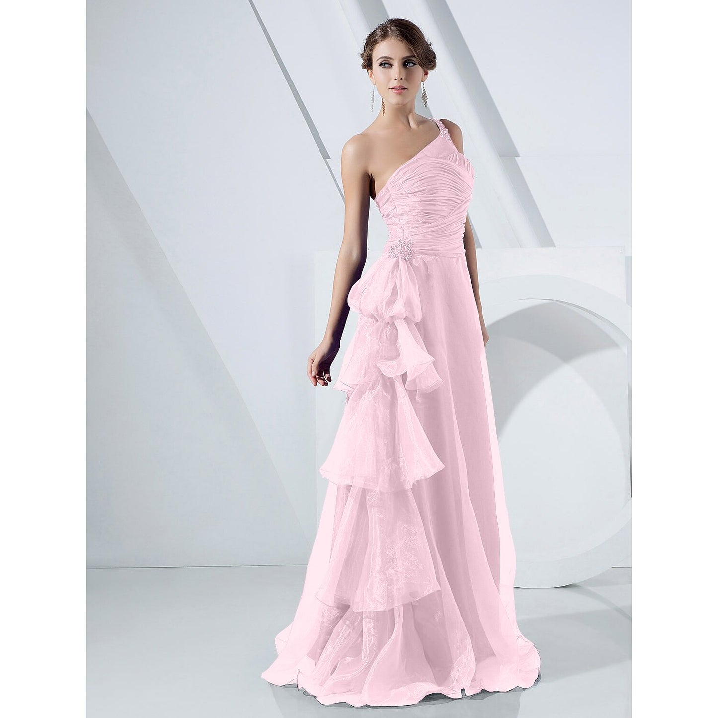 Wholesa A-Line Elegant Dress Formal Evening Military Ball Floor Length Sleeveless One Shoulder Organza with Side Draping Cascading Ruffles