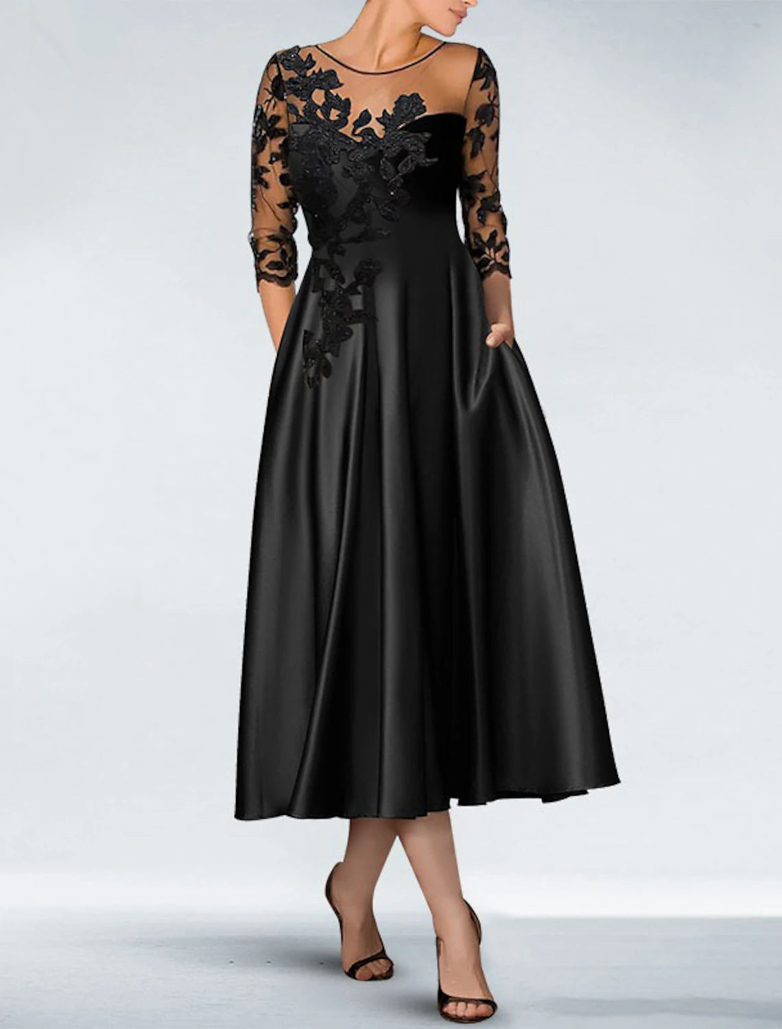 Wholesa A-Line Cocktail Black Dress Appliques Elegant Dress Fall Wedding Guest Dress For Mother Knee Length 3/4 Length Sleeve Off Shoulder Pocket Satin with Beading Pocket