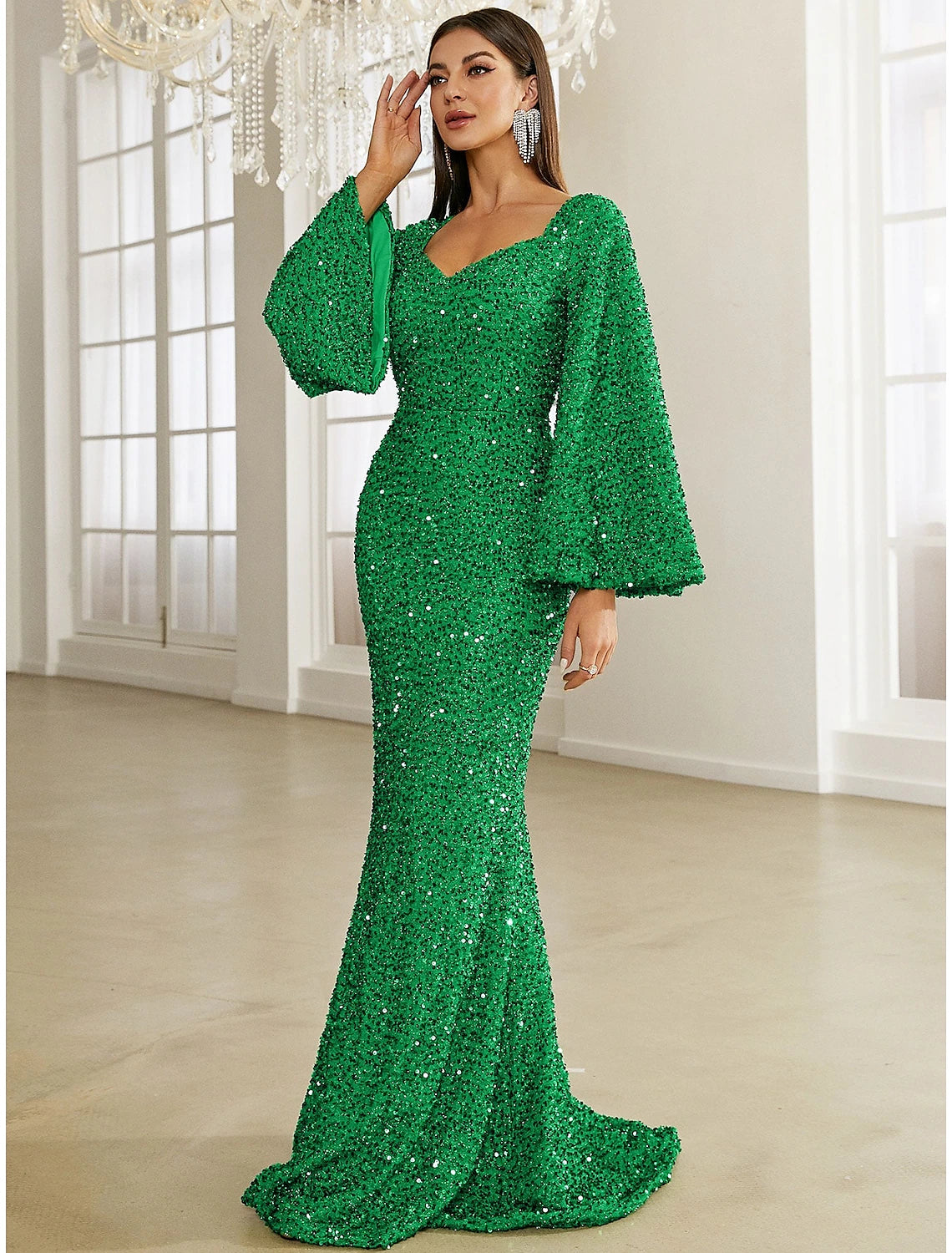 Wholesa Mermaid / Trumpet Evening Gown Sparkle & Shine Dress Formal Fall Sweep / Brush Train Long Sleeve V Neck Sequined with Glitter Ruched