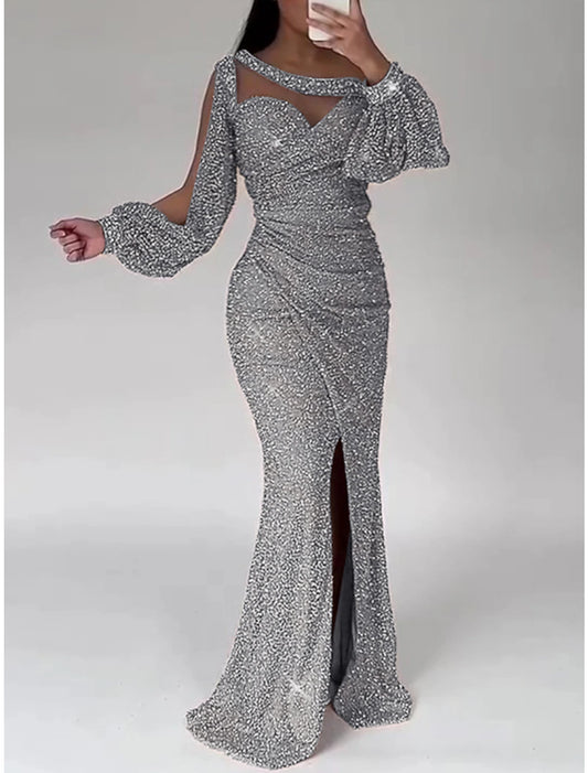 Wholesa Mermaid Dress Evening Gown Champagne Gown Sparkle Sequin Dress Formal Floor Length Long Sleeve Scoop Neck with Ruched Slit