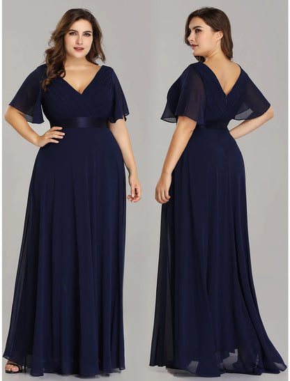 Wholesale A-Line Empire Fall Wedding Guest Dress For Bridesmaid Plus Size Formal Evening Dress V Neck Short Sleeve Floor Length Chiffon with Pleats Ruched