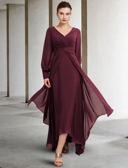 wholesale   A-Line Mother of the Bride Dress Plus Size Elegant High Low V Neck Asymmetrical Floor Length Chiffon Long Sleeve with Pleats Ruched