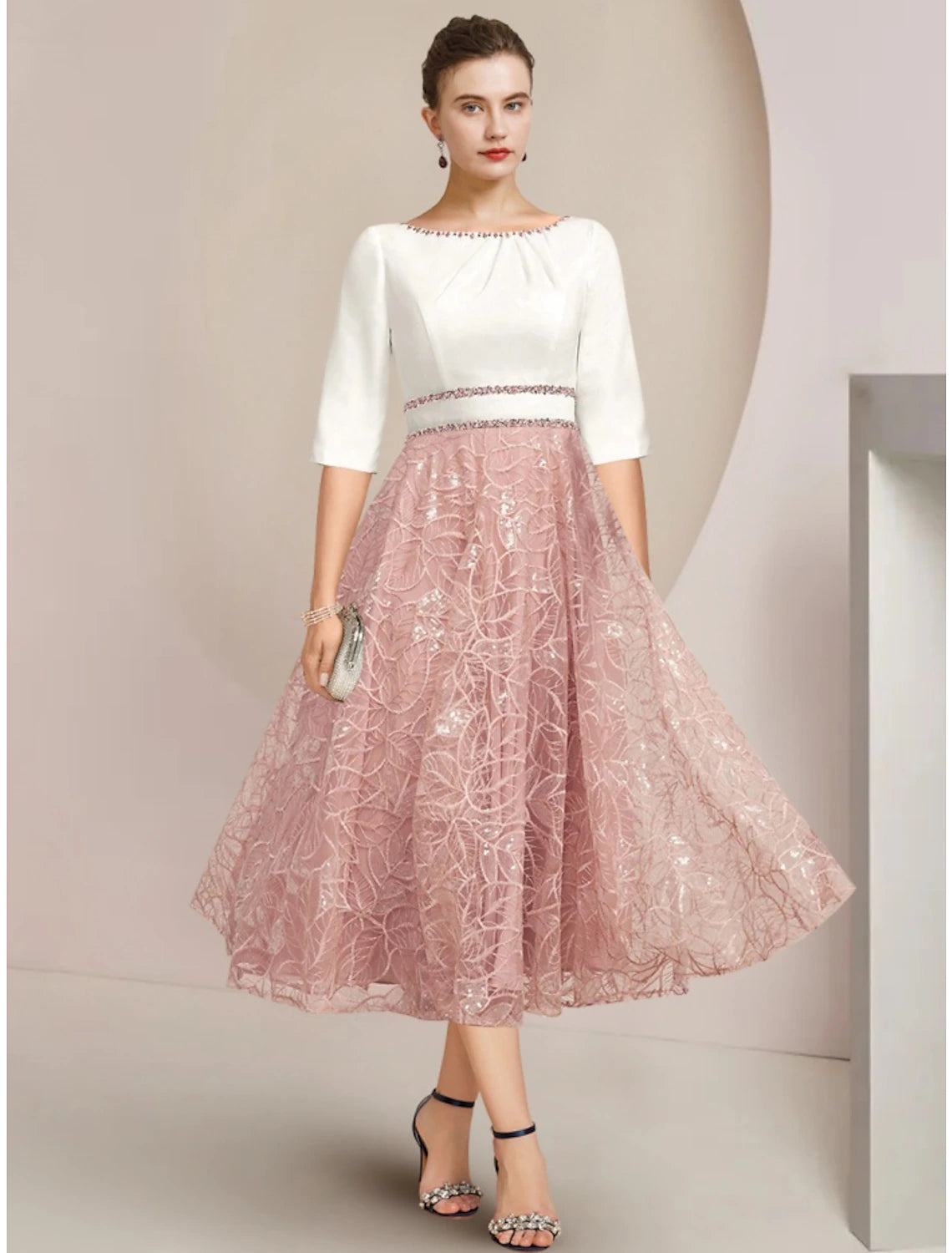 Wholesa A-Line Mother of the Bride Dress Wedding Guest Elegant Petite Scoop Neck Tea Length Chiffon Lace Half Sleeve with Sequin Ruching