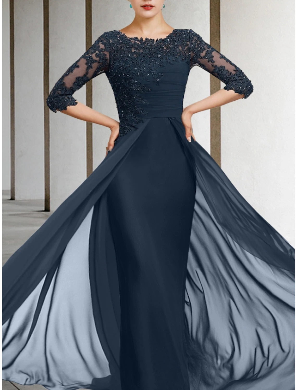 Wholesa Sheath / Column Mother of the Bride Dress Wedding Guest Elegant Jewel Neck Floor Length Chiffon Lace Half Sleeve with Sequin Ruching Solid Color