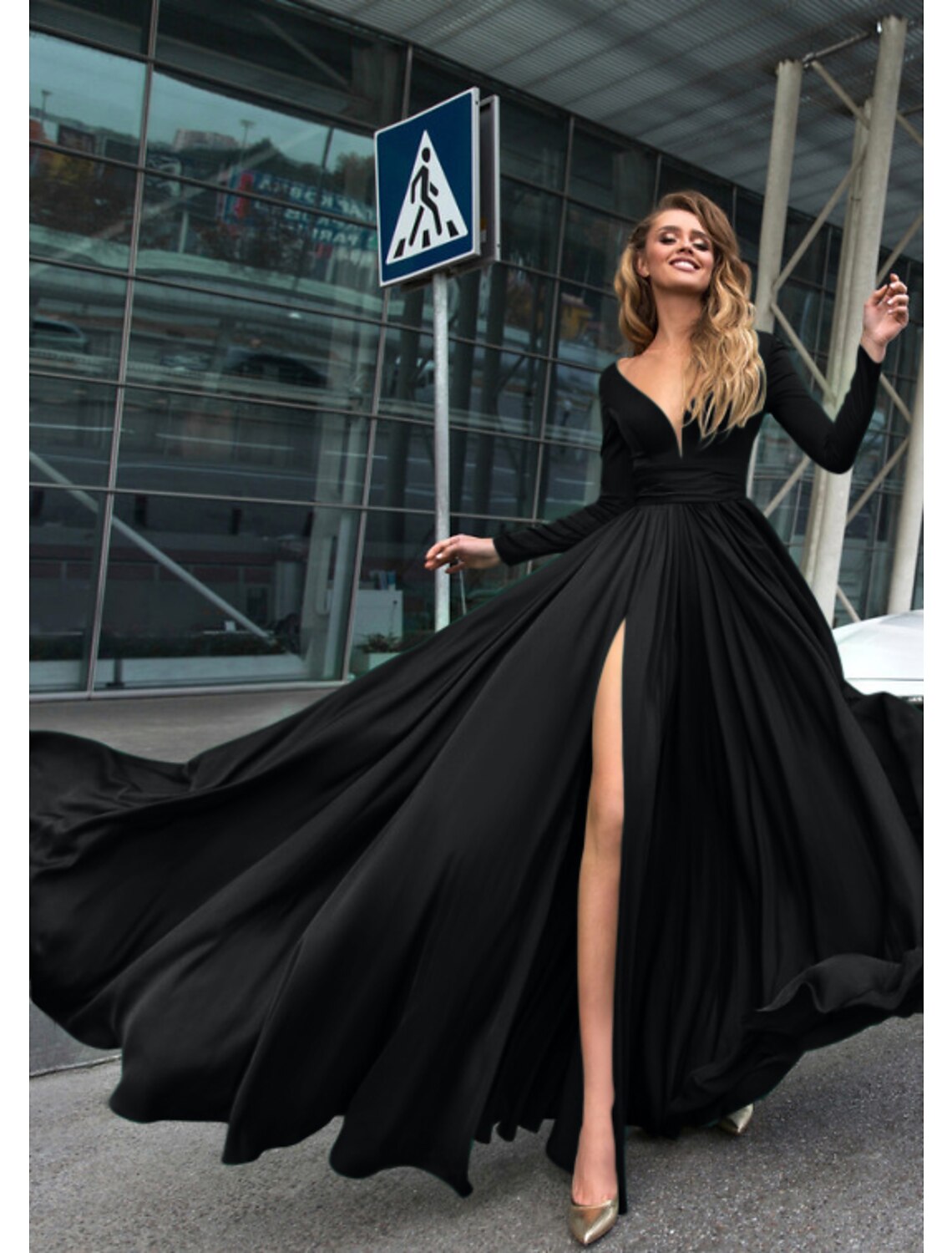 Wholesa  A-Line Evening Gown Empire Black Dress Plus Size Holiday Wedding Guest Floor Length Long Sleeve V Neck Chiffon V Back with Slit Pure Color