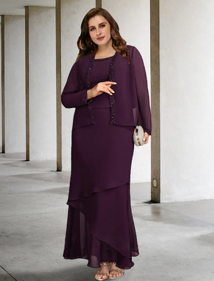 Wholesa  Two Piece A-Line Mother of the Bride Dresses Plus Size Hide Belly Curve Elegant Dress Formal Ankle Length Sleeveless Square Neck Chiffon with Beading Ruffles