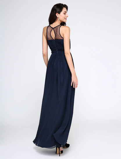 Wholesa Sheath / Column Elegant Dress Holiday Cocktail Party Ankle Length Sleeveless Illusion Neck Chiffon with Side Draping