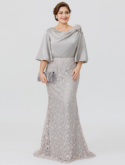 Wholesa Mermaid / Trumpet Mother of the Bride Dress Plus Size Sexy Cowl Neck Sweep / Brush Train Satin Chiffon Lace Over Satin Half Sleeve No with Appliques