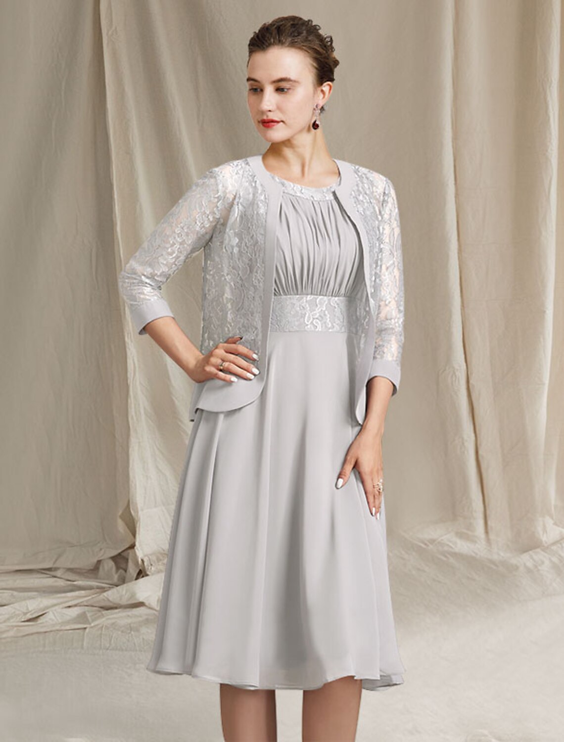 Wholesale Two Piece A-Line Mother of the Bride Dress Church Elegant Jewel Neck Knee Length Chiffon Lace Sleeveless Wrap Included with Pleats Appliques