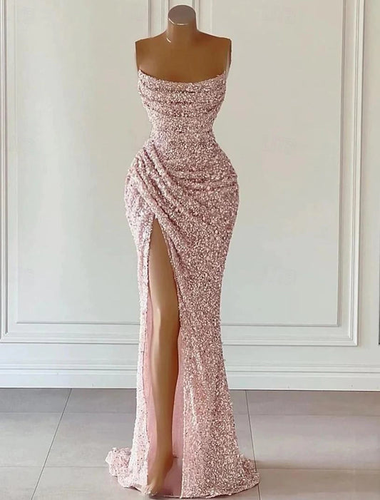 Wholesa Sheath / Column Prom Dresses Elegant Dress Formal Prom Floor Length Sleeveless Strapless Sequined with Glitter Sequin