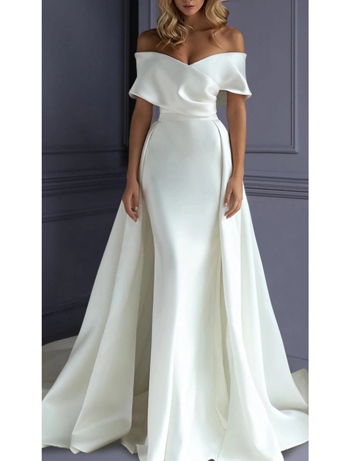 Wholesa Beach Formal Wedding Dresses Mermaid / Trumpet Sweetheart Off Shoulder Sleeveless Sweep / Brush Train Satin Bridal Gowns With Solid Color