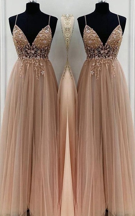 Aimishang A-Line Elegant Beading Tulle Spaghetti Straps Sleeveless Floor-Length Prom Dresses