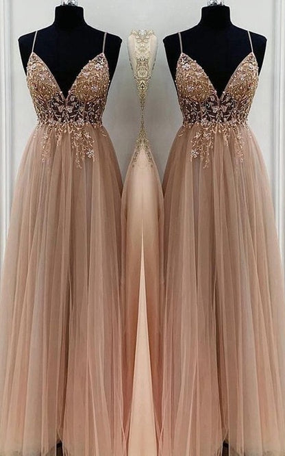 Aimishang A-Line Elegant Beading Tulle Spaghetti Straps Sleeveless Floor-Length Prom Dresses